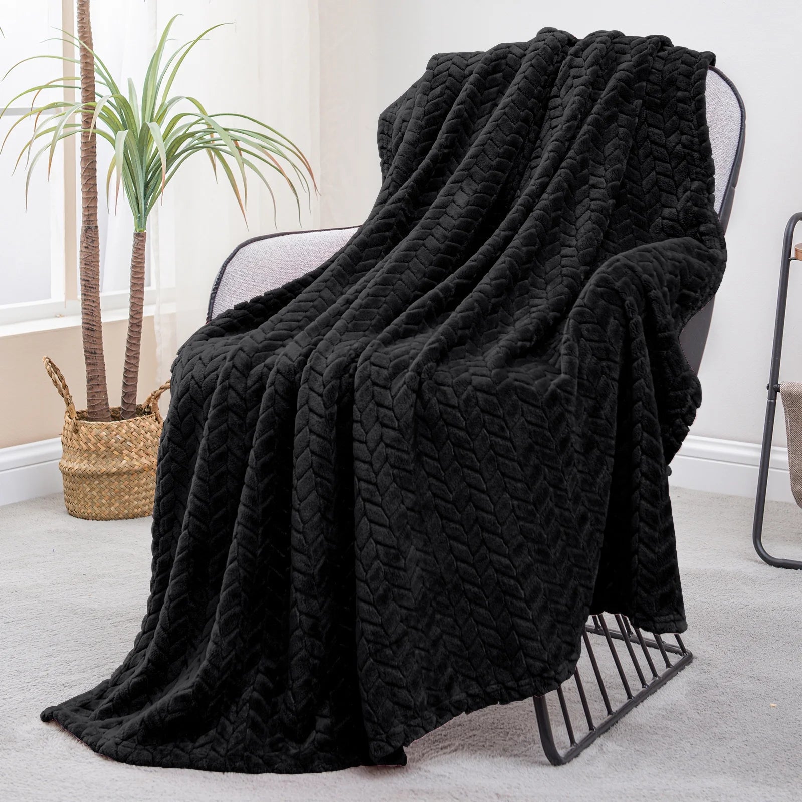 Large Flannel Fleece Throw Blanket, Jacquard Weave Leaves Pattern (50" X 70", Black) - Soft, Warm, Lightweight and Decorative